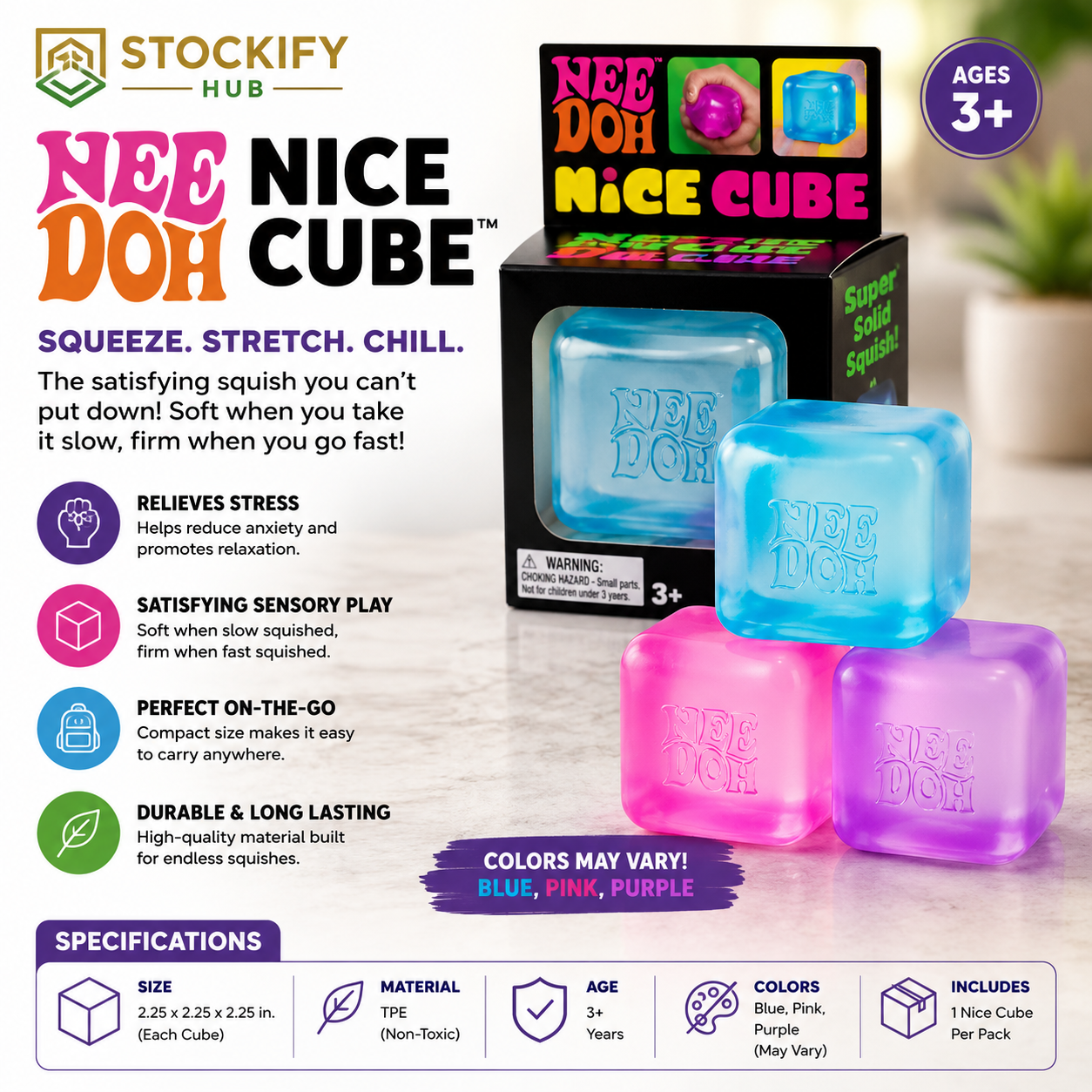 NeeDoh Nice Cube (Assorted Colors) – 1 Pack