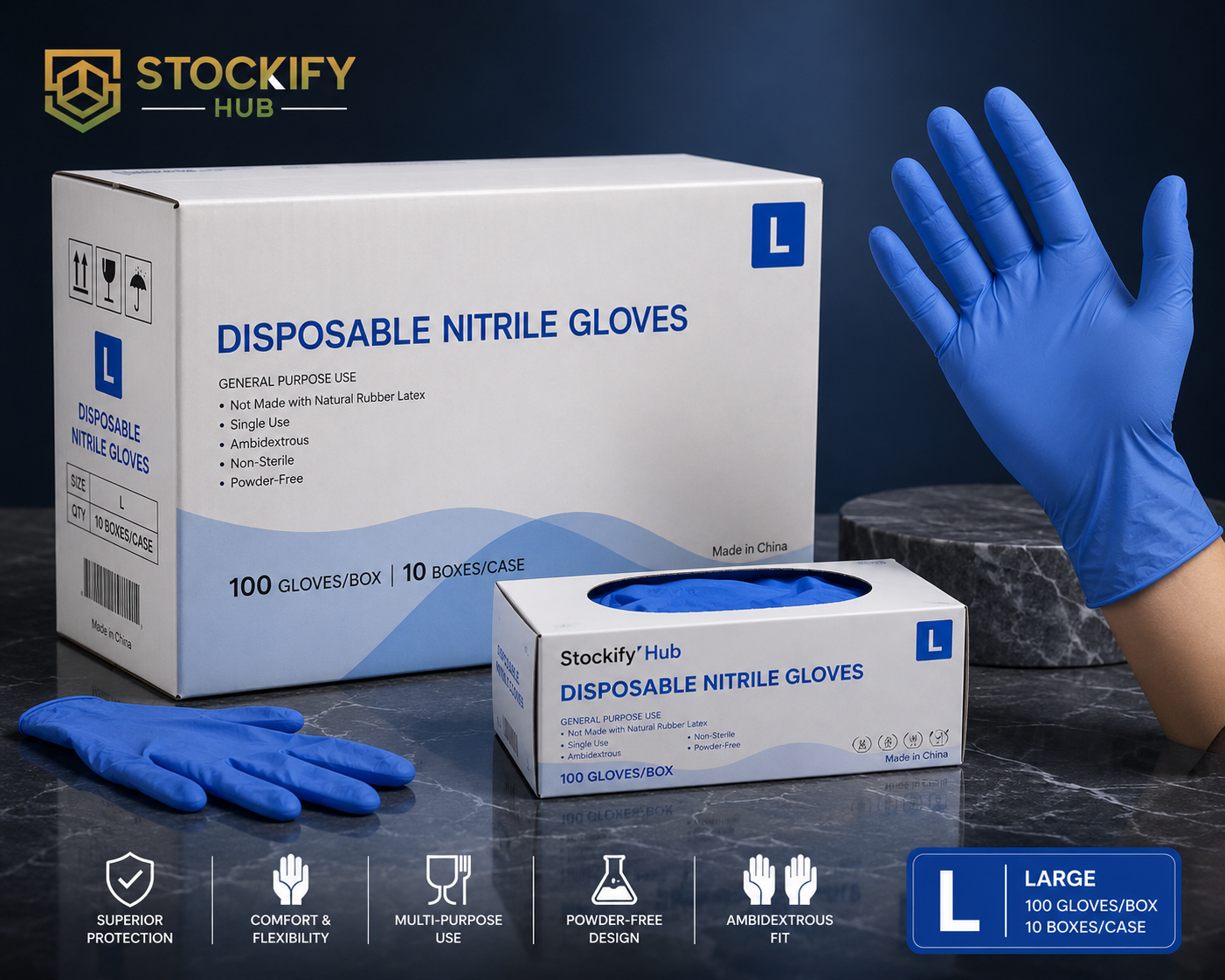 Premium Powder-Free Nitrile Exam Gloves  – Medical Grade Disposable Gloves, 1000 Count Case (10 Boxes of 100 Pcs)