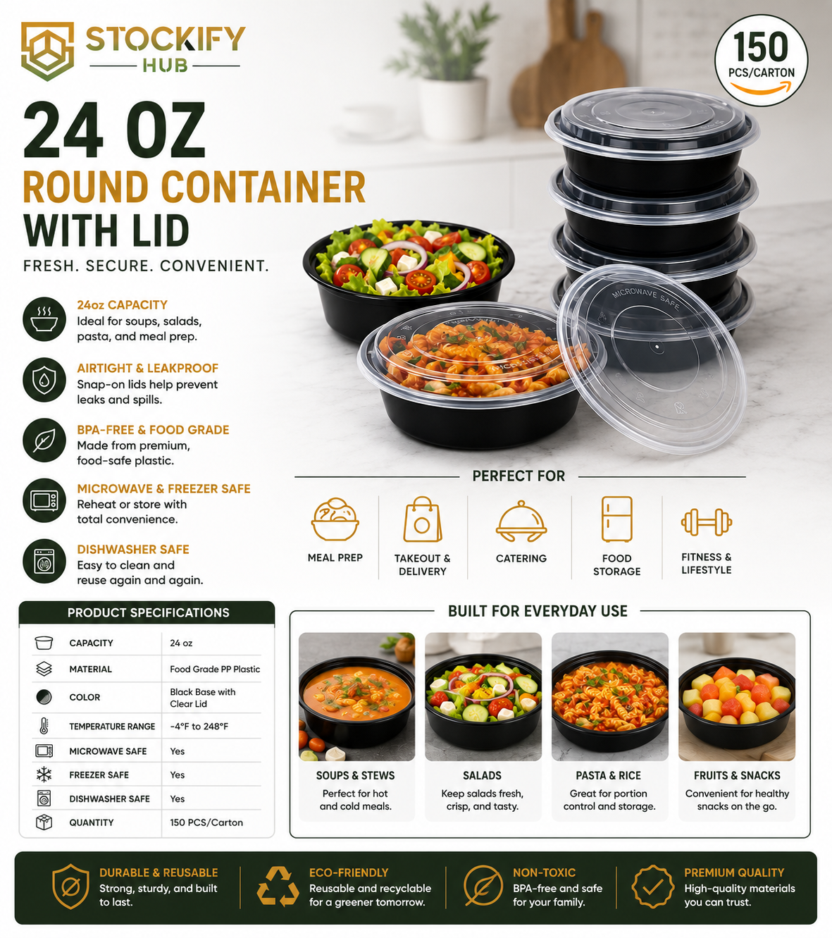 28 oz Rectangle Meal Prep Containers with Lids – 150 Pcs/Carton