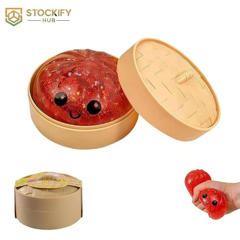 Mystery Dumpling with Steamer Squeeze Toy – Kawaii Fidget Squishy Anti-Stress Toy for Adults & Kids.