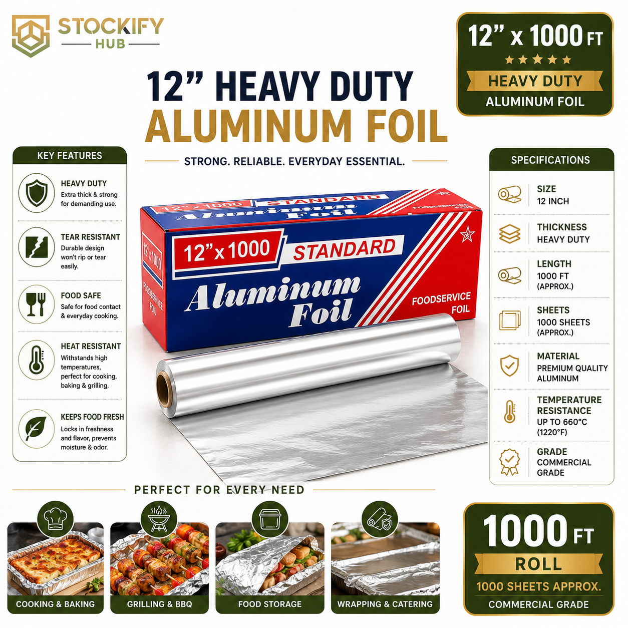 12 Inch Aluminum Foil Roll – 1000 Sheets/Box
