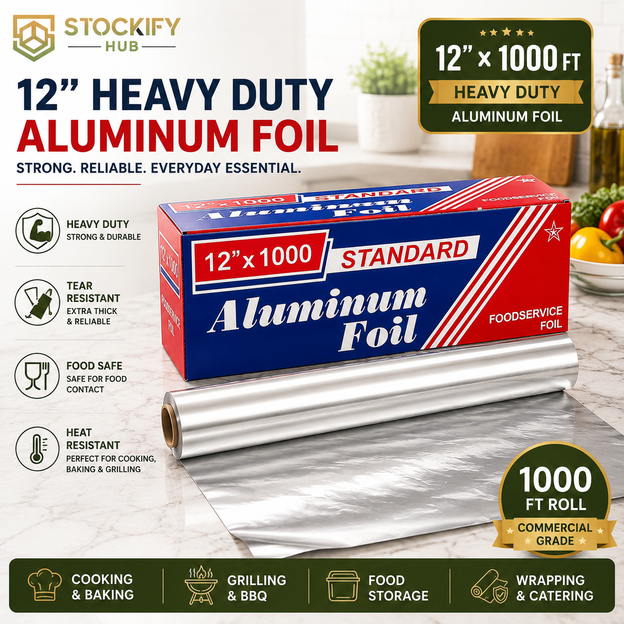 12 Inch Aluminum Foil Roll – 1000 Sheets/Box
