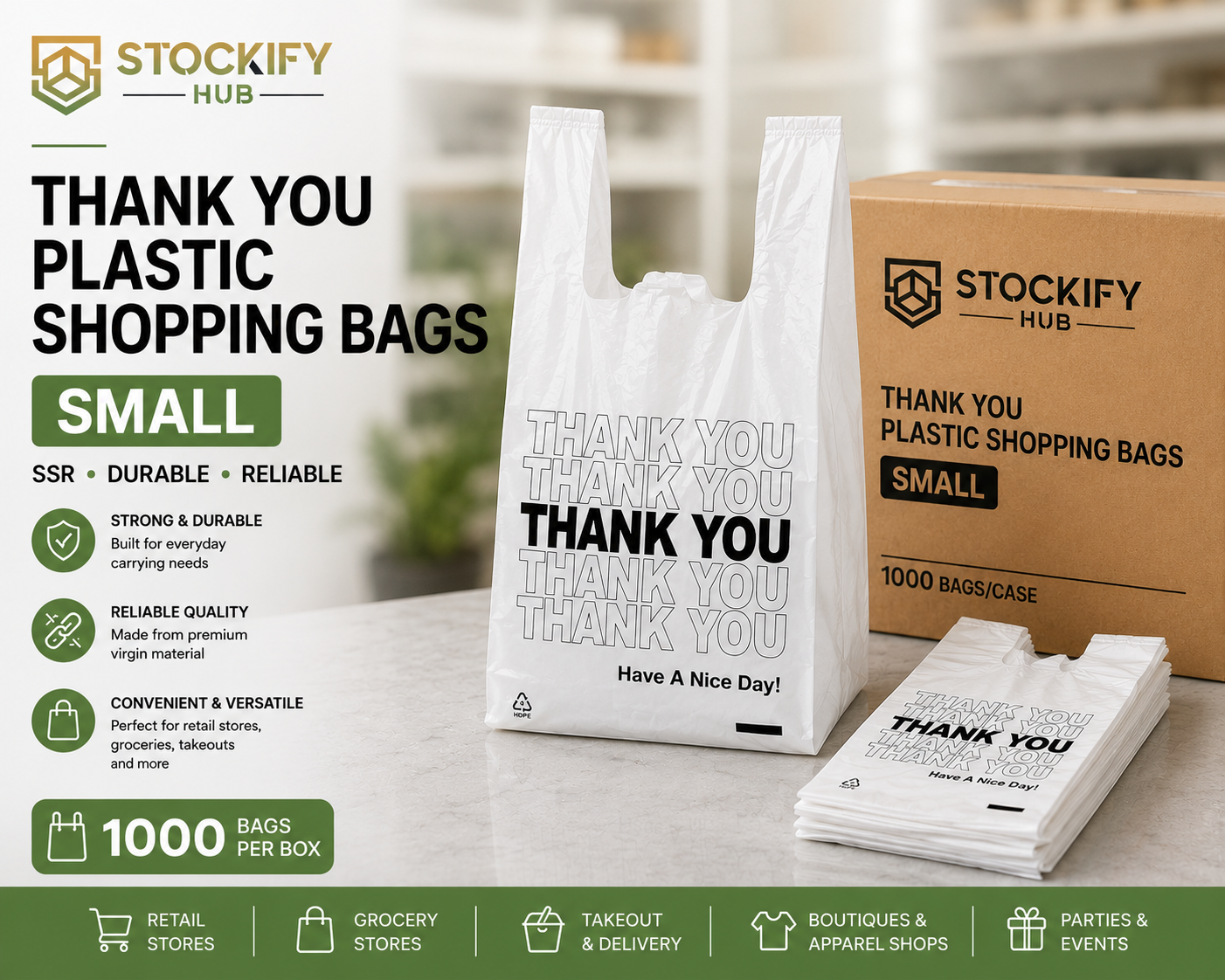 Thank You Plastic Shopping Bags – 1000 Count Box -  Small