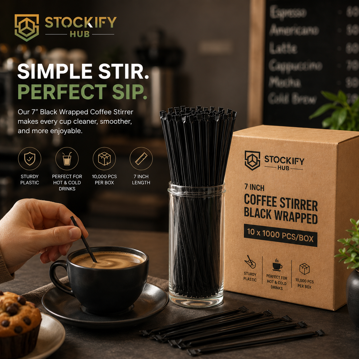 7 Inch Black Wrapped Coffee Stirrers – 10x1000 Pcs/Box