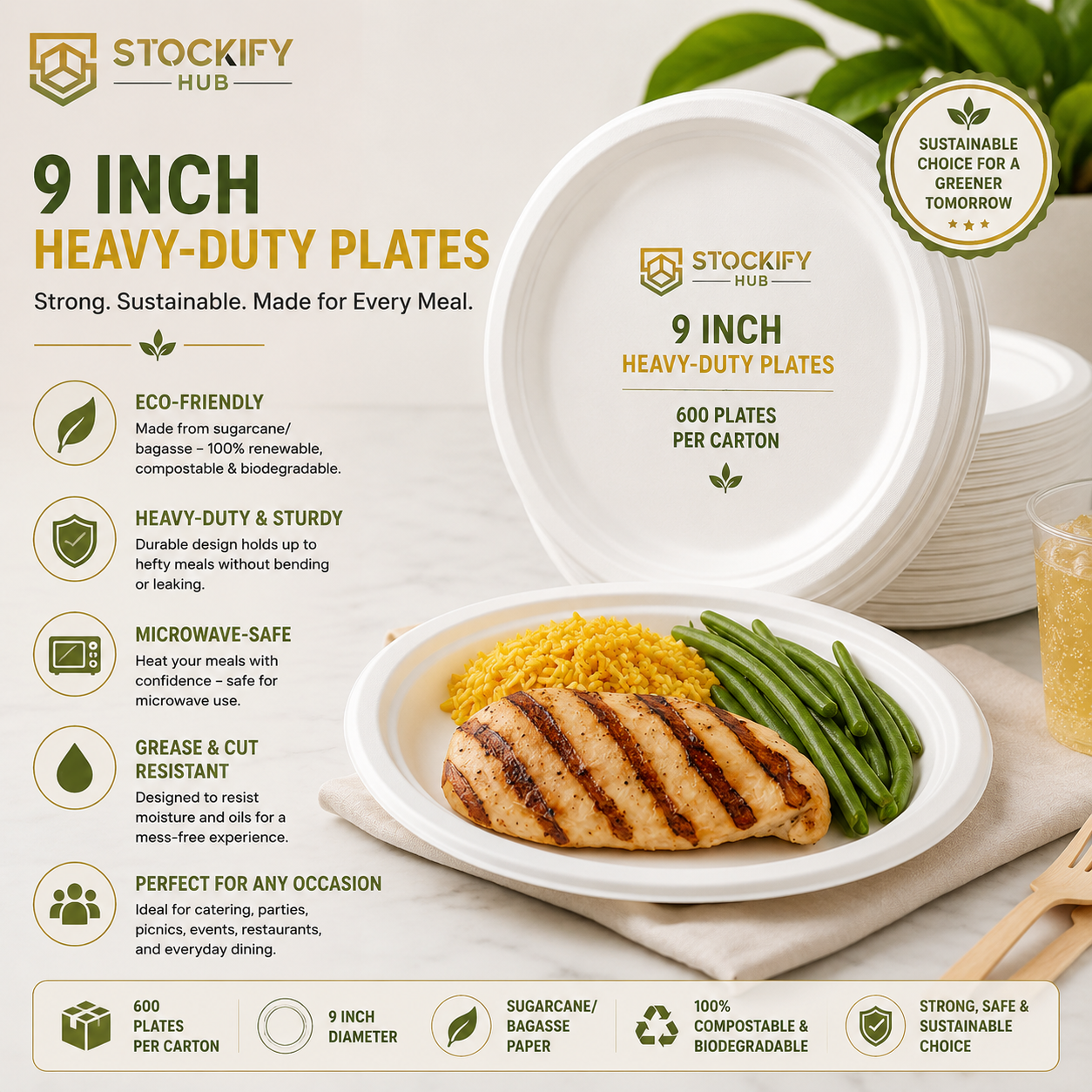 9 Inch Heavy-Duty Sugarcane Bagasse Plates – 500 Pcs/Carton