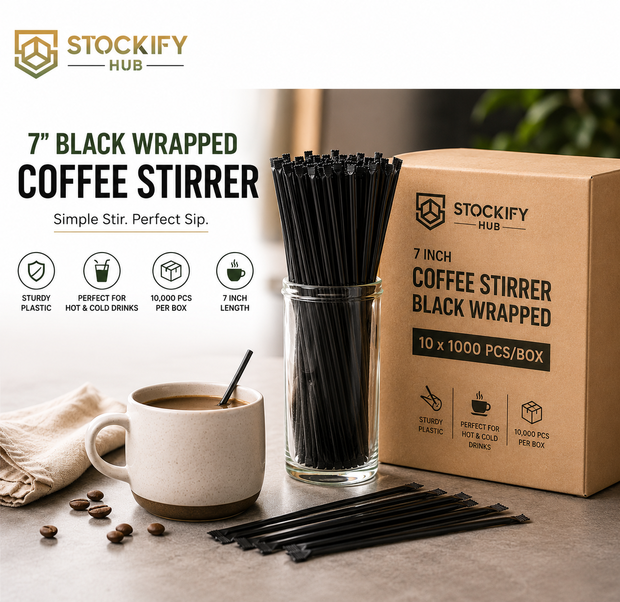 7 Inch Black Wrapped Coffee Stirrers – 10x1000 Pcs/Box
