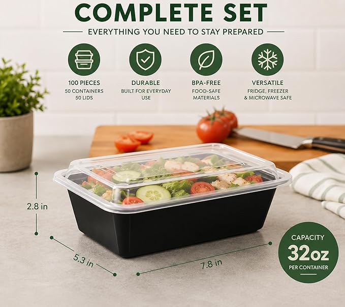 32 oz Heavy-Duty Rectangle Meal Prep Containers with Lids – 150 Pcs/Carton