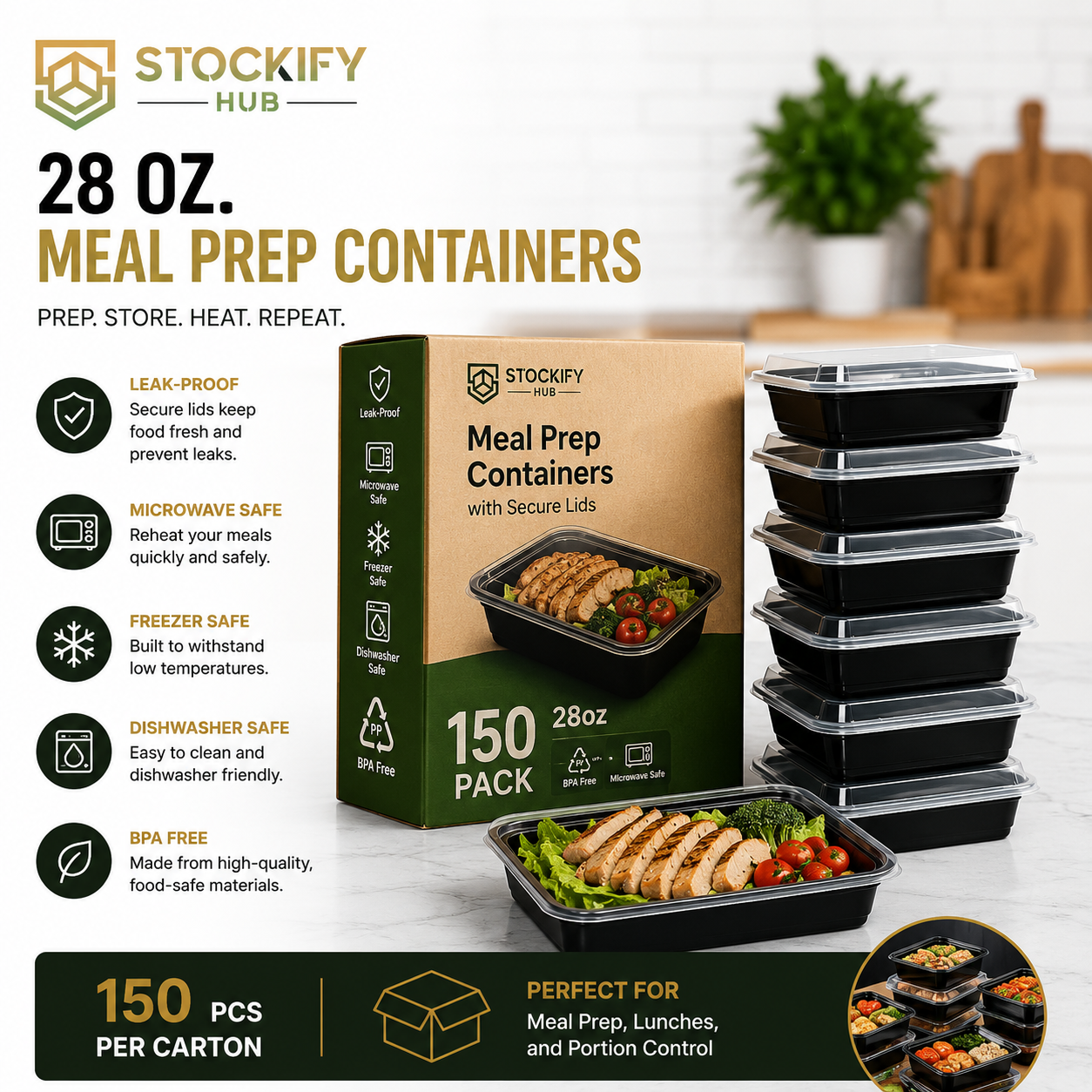 28 oz Rectangle Meal Prep Containers with Lids – 150 Pcs/Carton