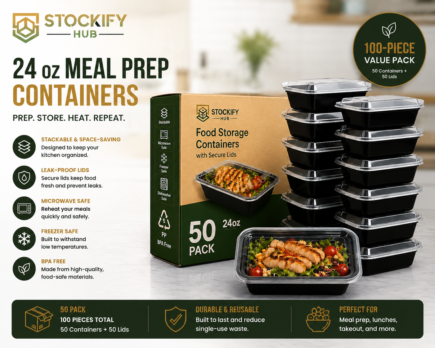 24 oz Reusable Meal Prep Containers with Lids – 50 Pack (100 Pieces)