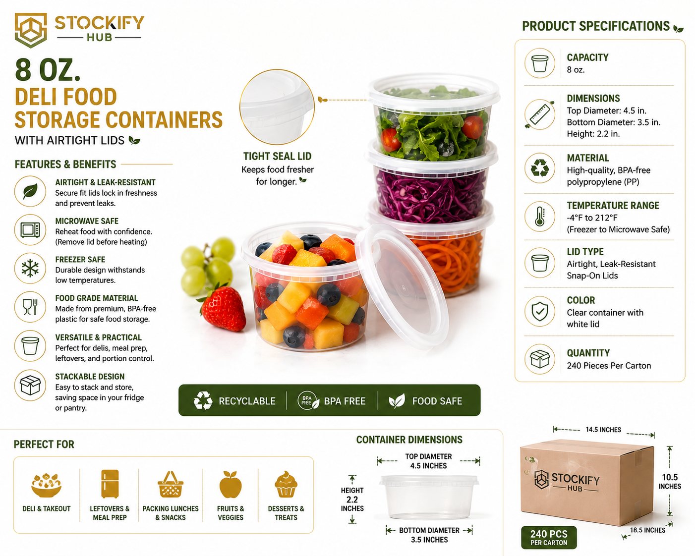 8 oz Deli Food Storage Containers with Airtight Lids – 240 Pcs