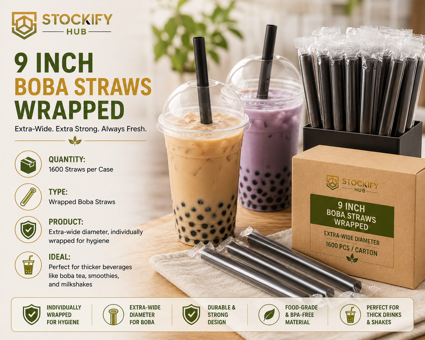9 Inch Wrapped Boba Straws – 1600 Pcs/Carton