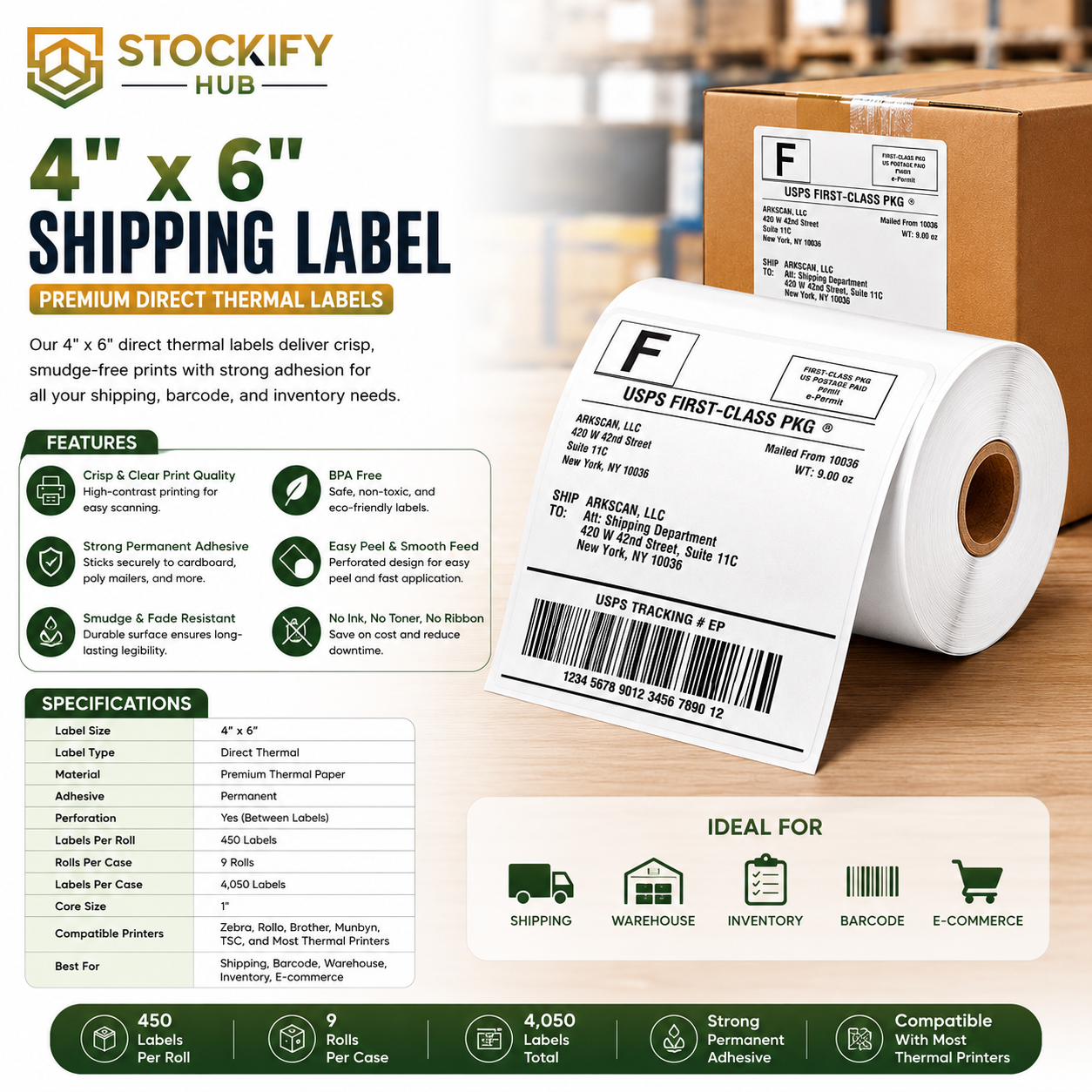 4 x 6 Direct Thermal Shipping Labels – 450 Labels