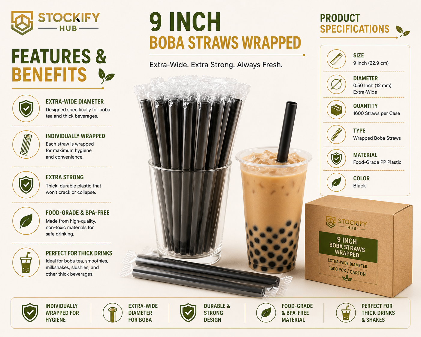9 Inch Wrapped Boba Straws – 1600 Pcs/Carton