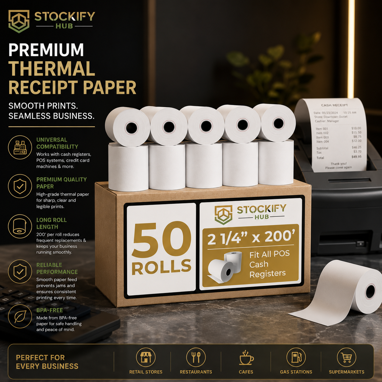 Thermal Receipt Paper (2 1/4" x 200') – 50 Pcs/Box