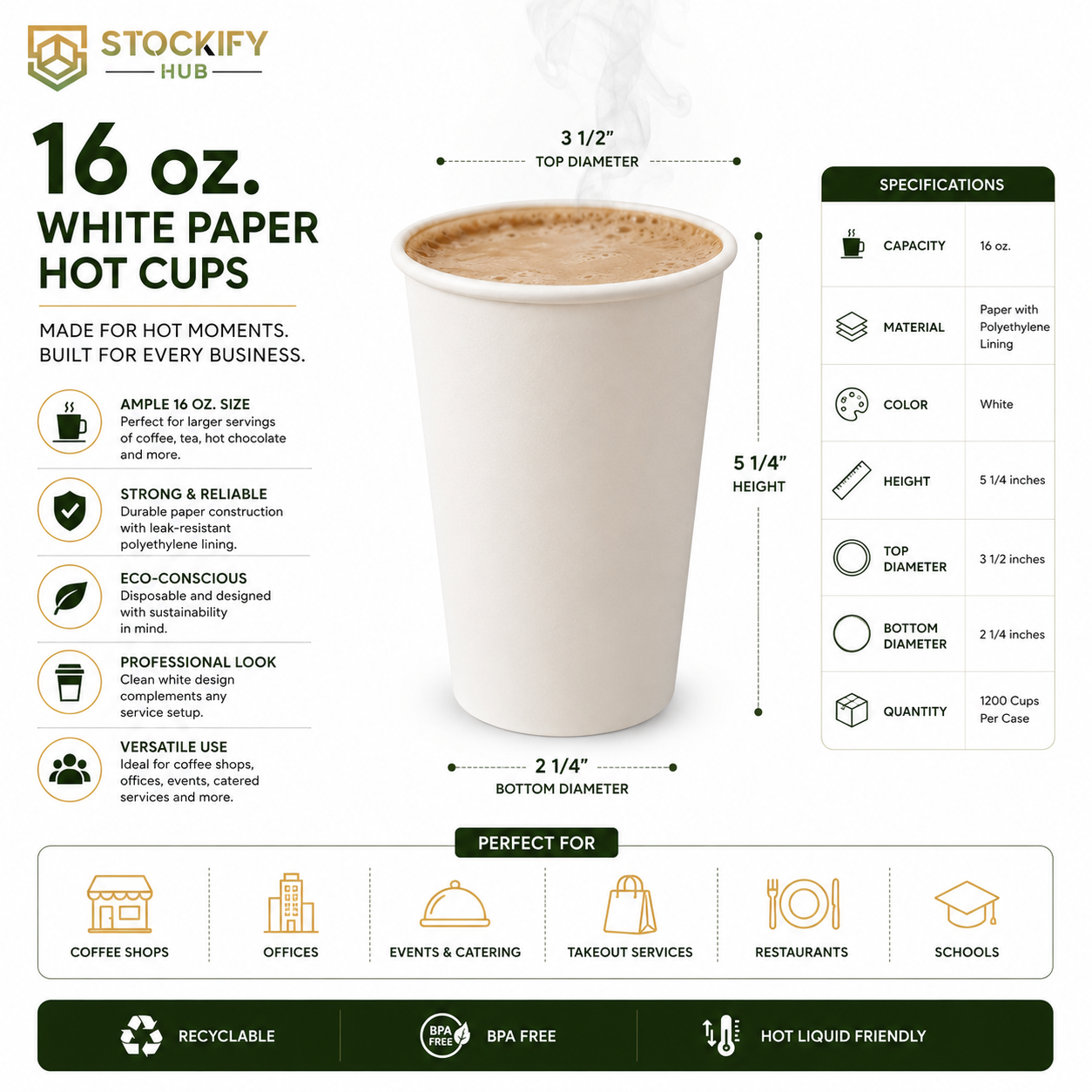 16 oz White Paper Hot Cups – 1200 Ct