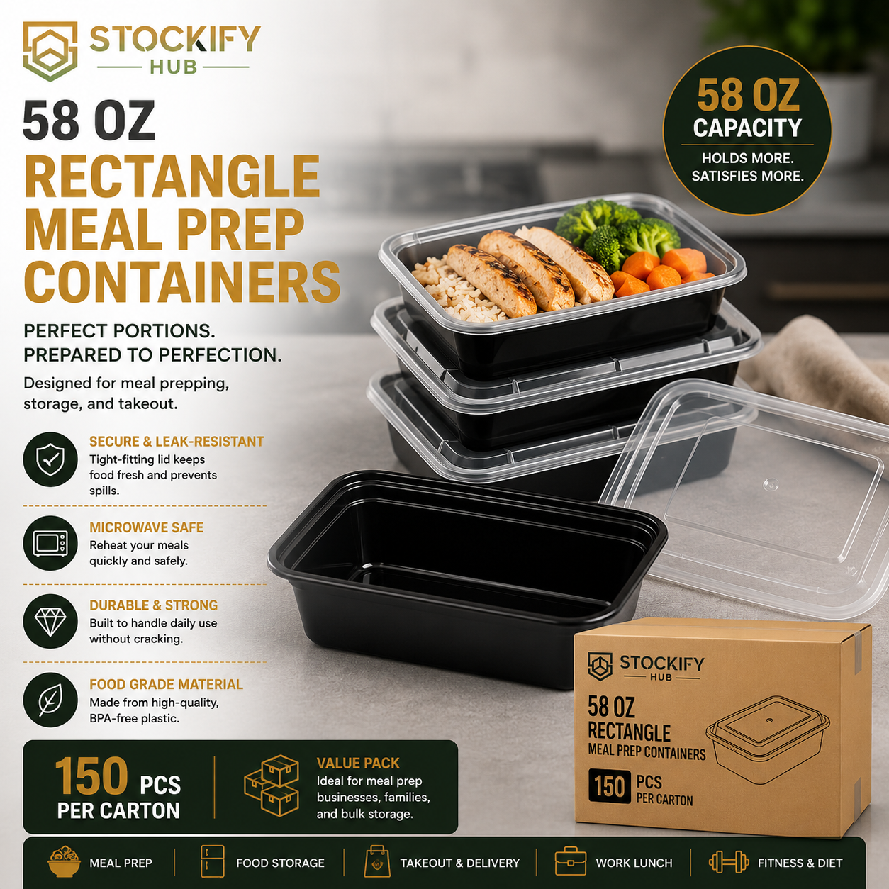 58 oz Rectangle Meal Prep Containers with Lids – 150 Pcs/Carton