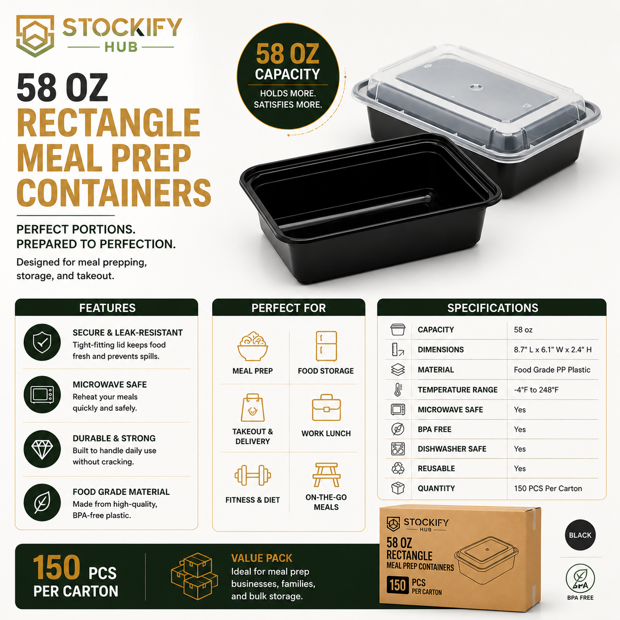 58 oz Rectangle Meal Prep Containers with Lids – 150 Pcs/Carton