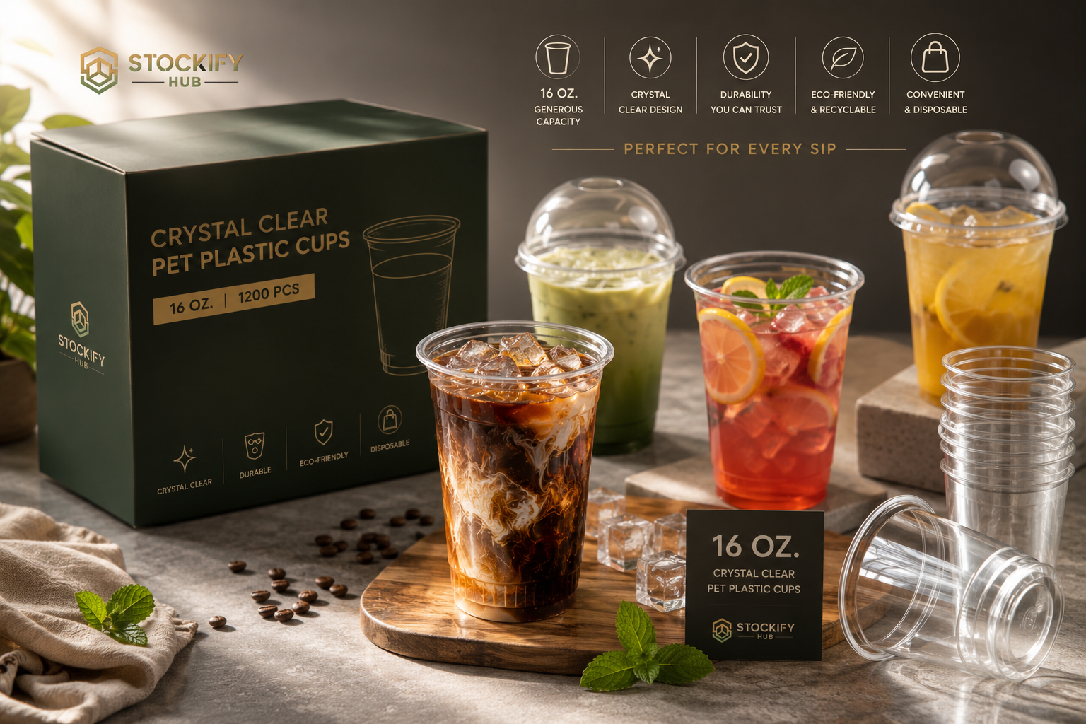 16 oz Crystal Clear PET Plastic Cups – 1200 Pcs/Carton