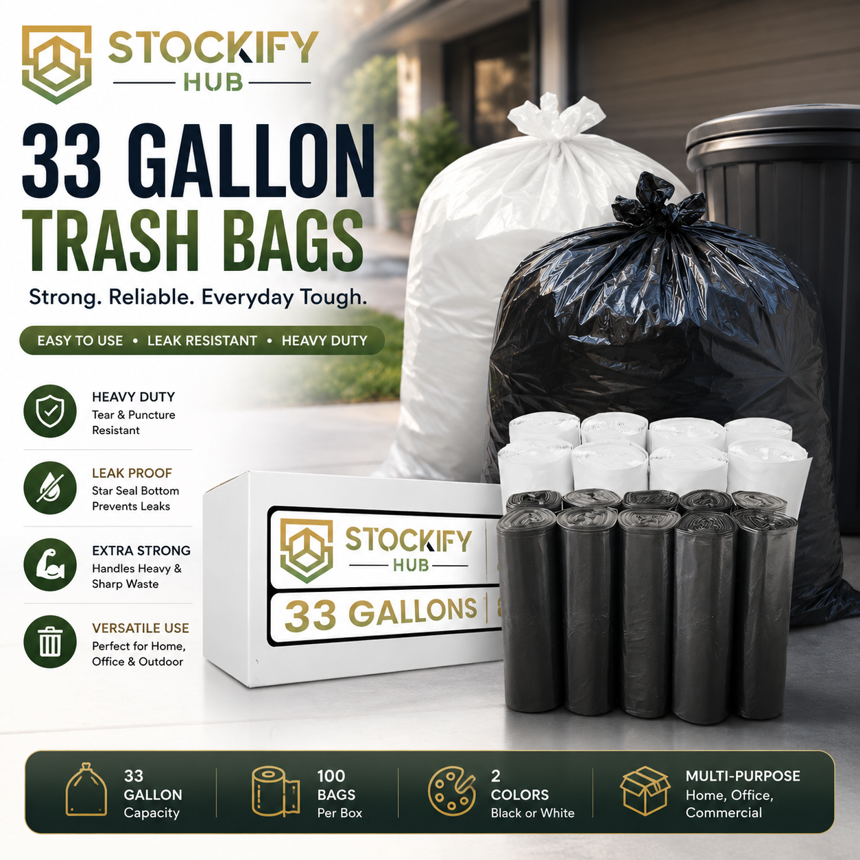33 Gallon Trash Bags (Black or White) – 100 Pcs