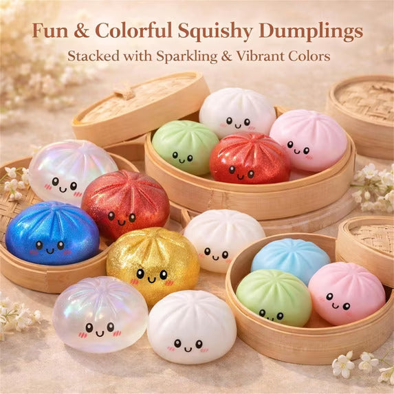 Mystery Dumpling with Steamer Squeeze Toy – Kawaii Fidget Squishy Anti-Stress Toy for Adults & Kids.