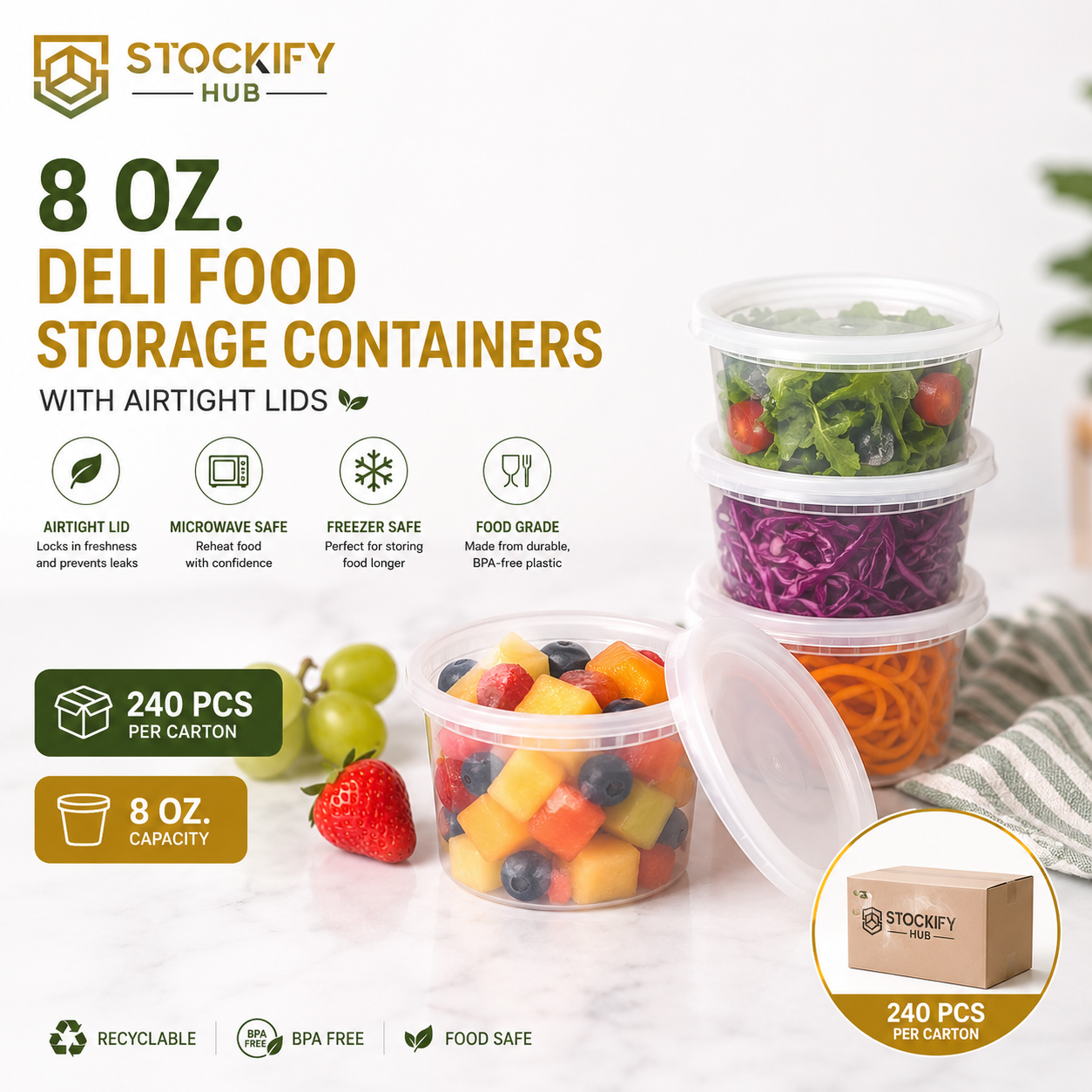 8 oz Deli Food Storage Containers with Airtight Lids – 240 Pcs