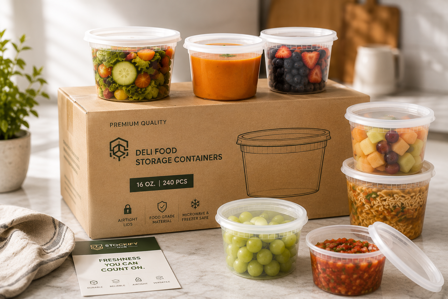 16 oz Deli Food Storage Containers with Airtight Lids – 240 Pcs/Carton