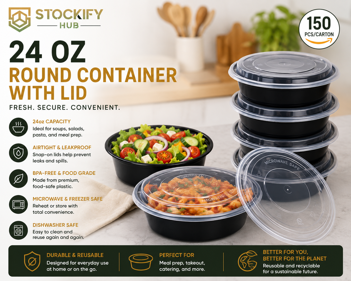 28 oz Rectangle Meal Prep Containers with Lids – 150 Pcs/Carton