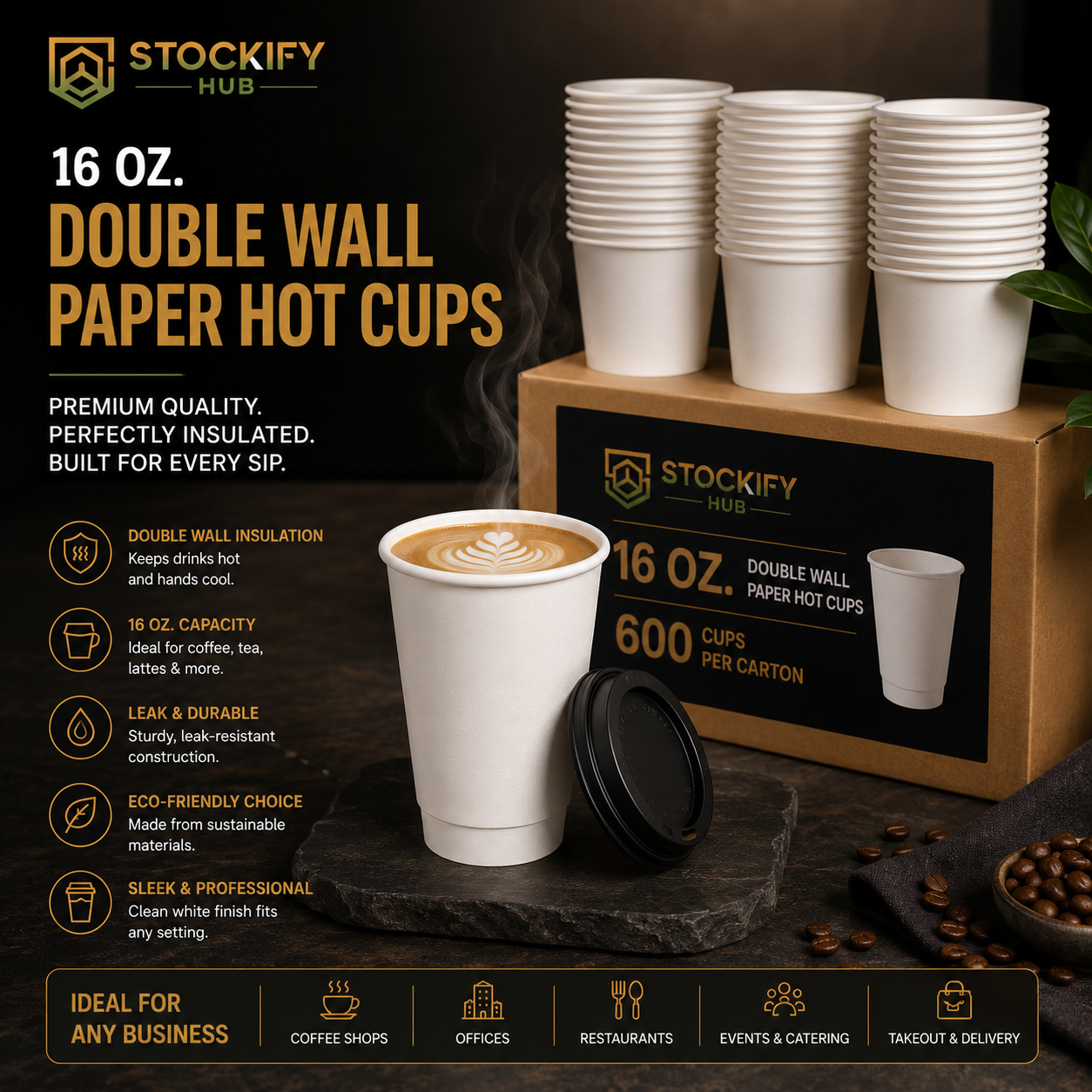 16 oz Double Wall White Paper Hot Cups – 600 Pcs/Carton
