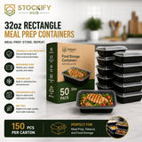 32 oz Heavy-Duty Rectangle Meal Prep Containers with Lids – 150 Pcs/Carton