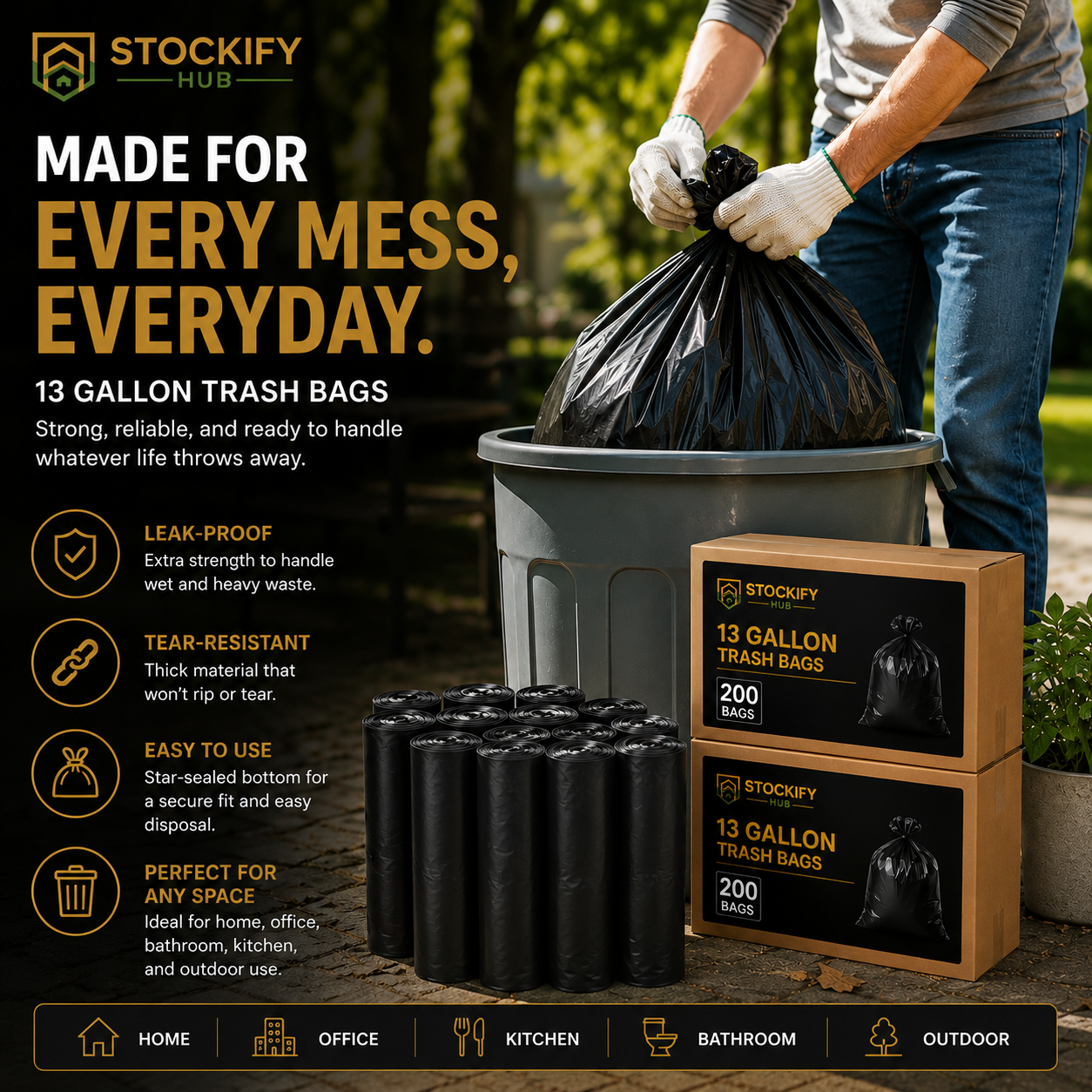 Heavy-Duty 33 Gallon Trash Bags (Black) – 200 Pcs/Box