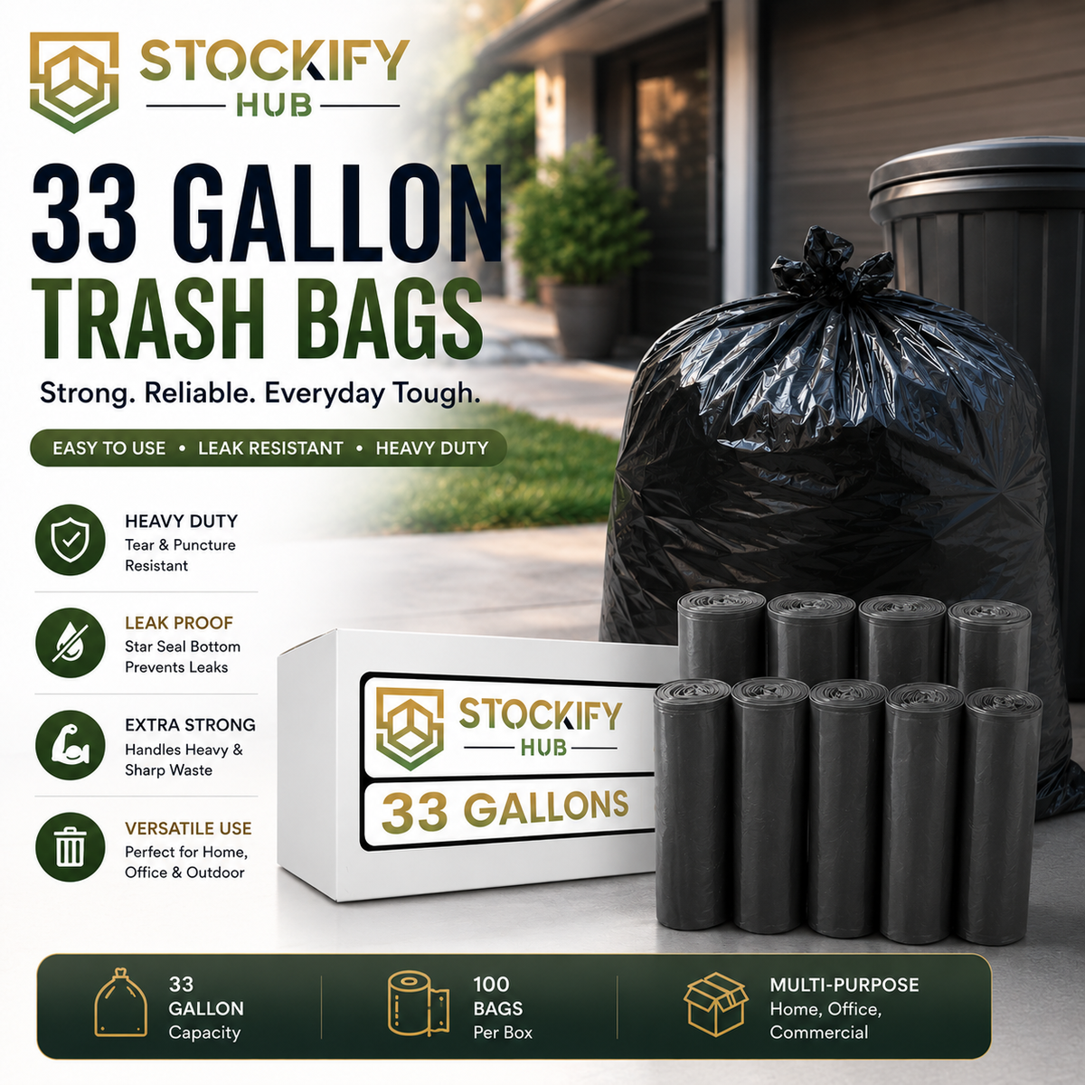Heavy-Duty 33 Gallon Trash Bags (Black) – 200 Pcs/Box