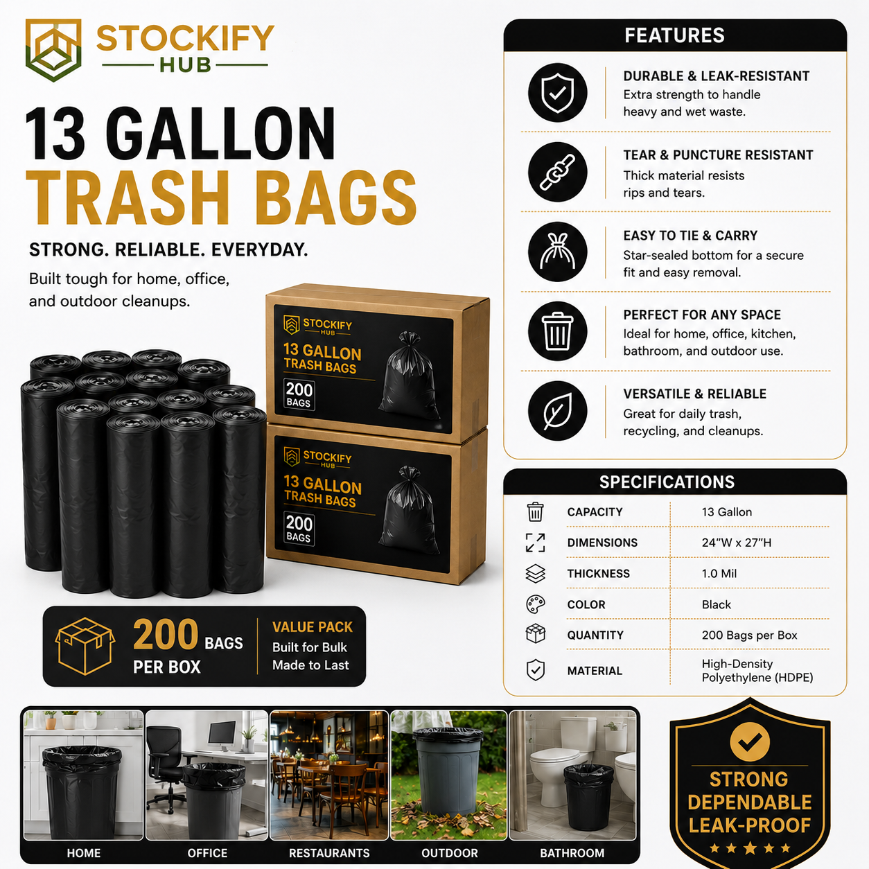 Heavy-Duty 33 Gallon Trash Bags (Black) – 200 Pcs/Box