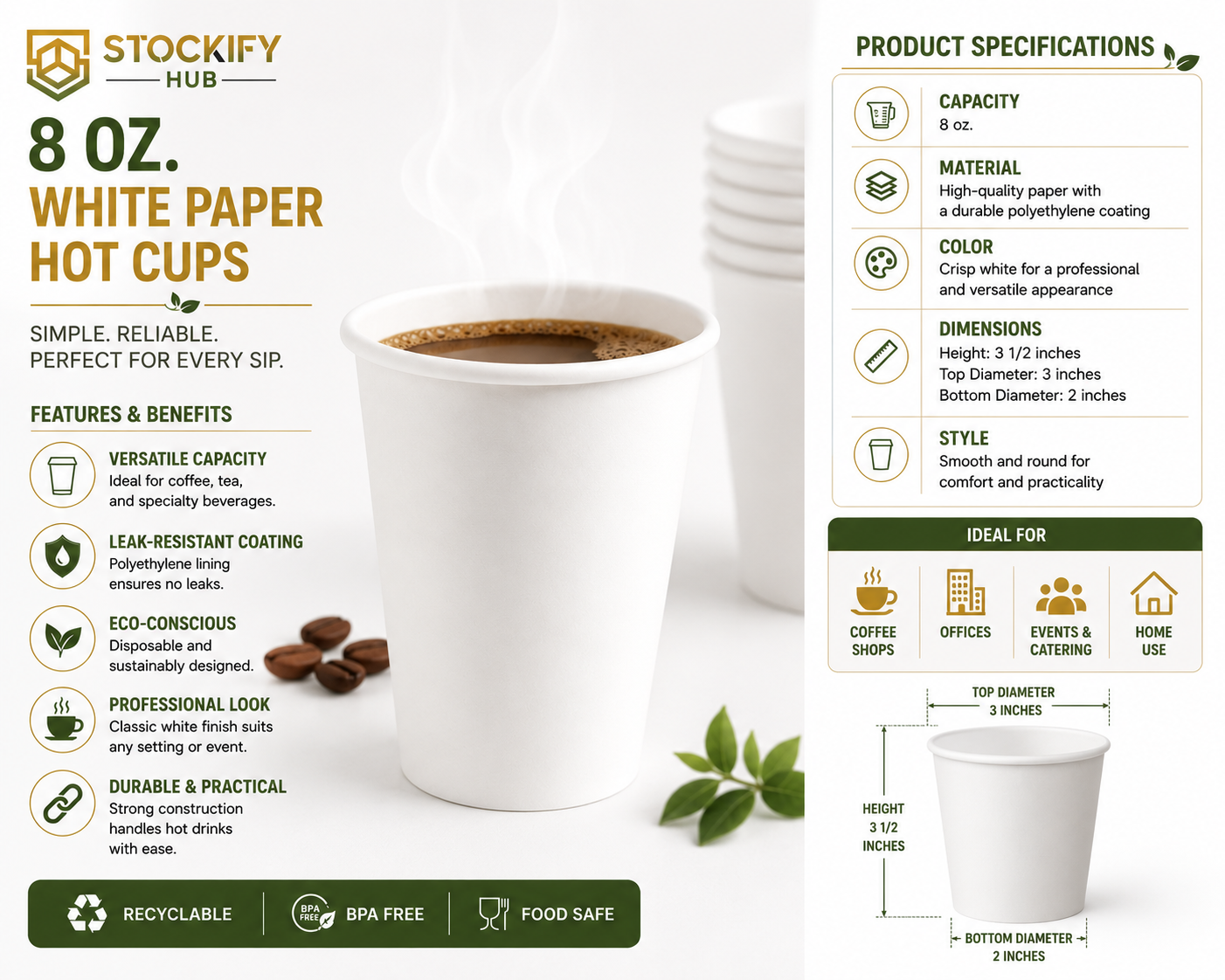 8 oz White Paper Hot Cups – 1000 Pcs