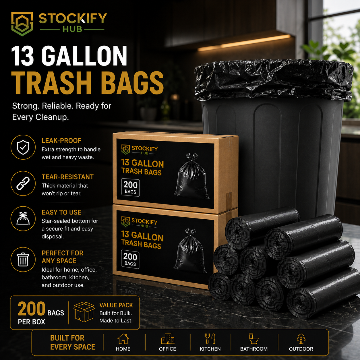 Heavy-Duty 33 Gallon Trash Bags (Black) – 200 Pcs/Box