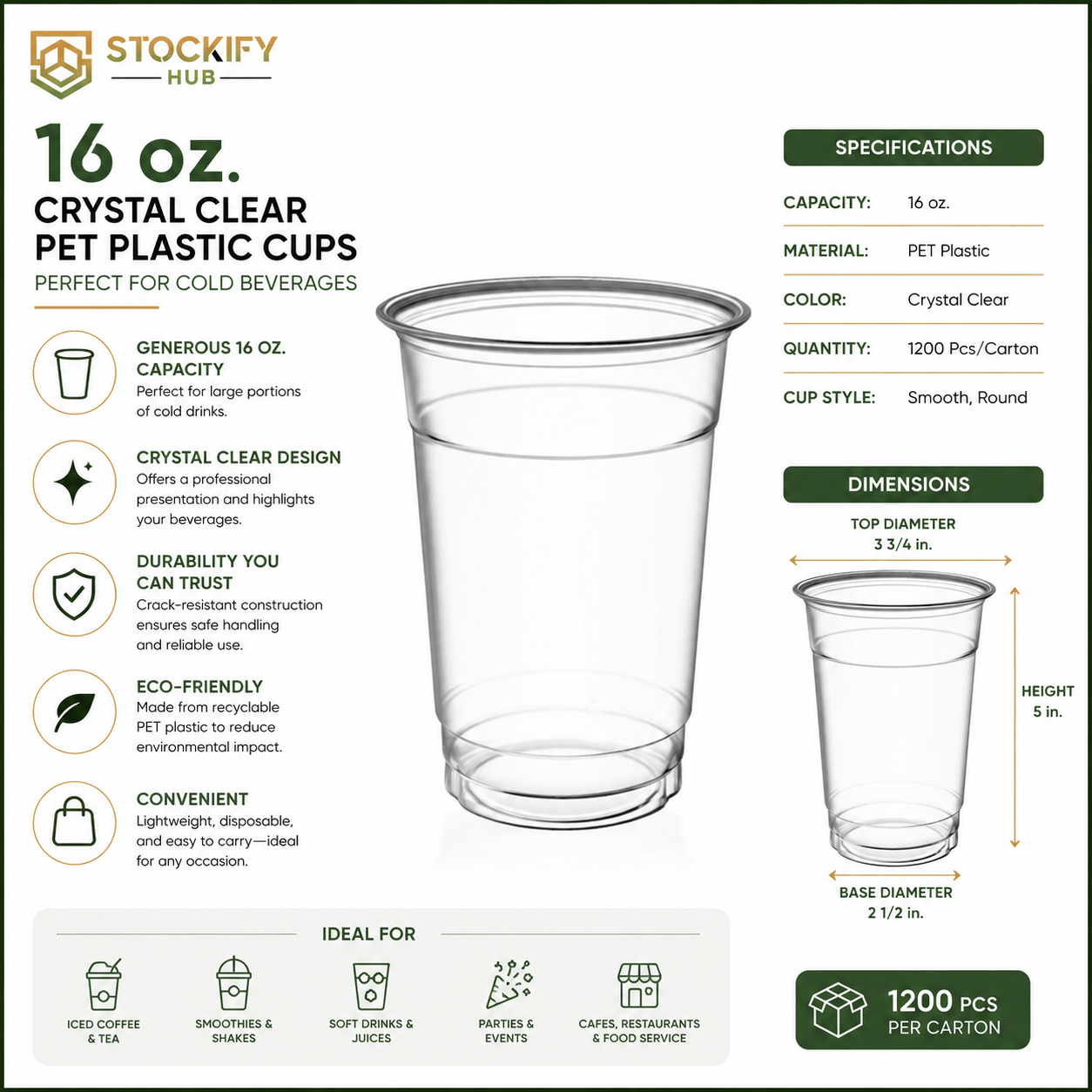 16 oz Crystal Clear PET Plastic Cups – 1200 Pcs/Carton